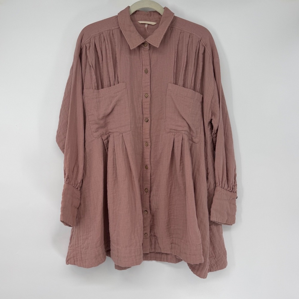Free People Arlo Gauze Button Down Tunic Shirt Dusty Rose Pink Small Boxy